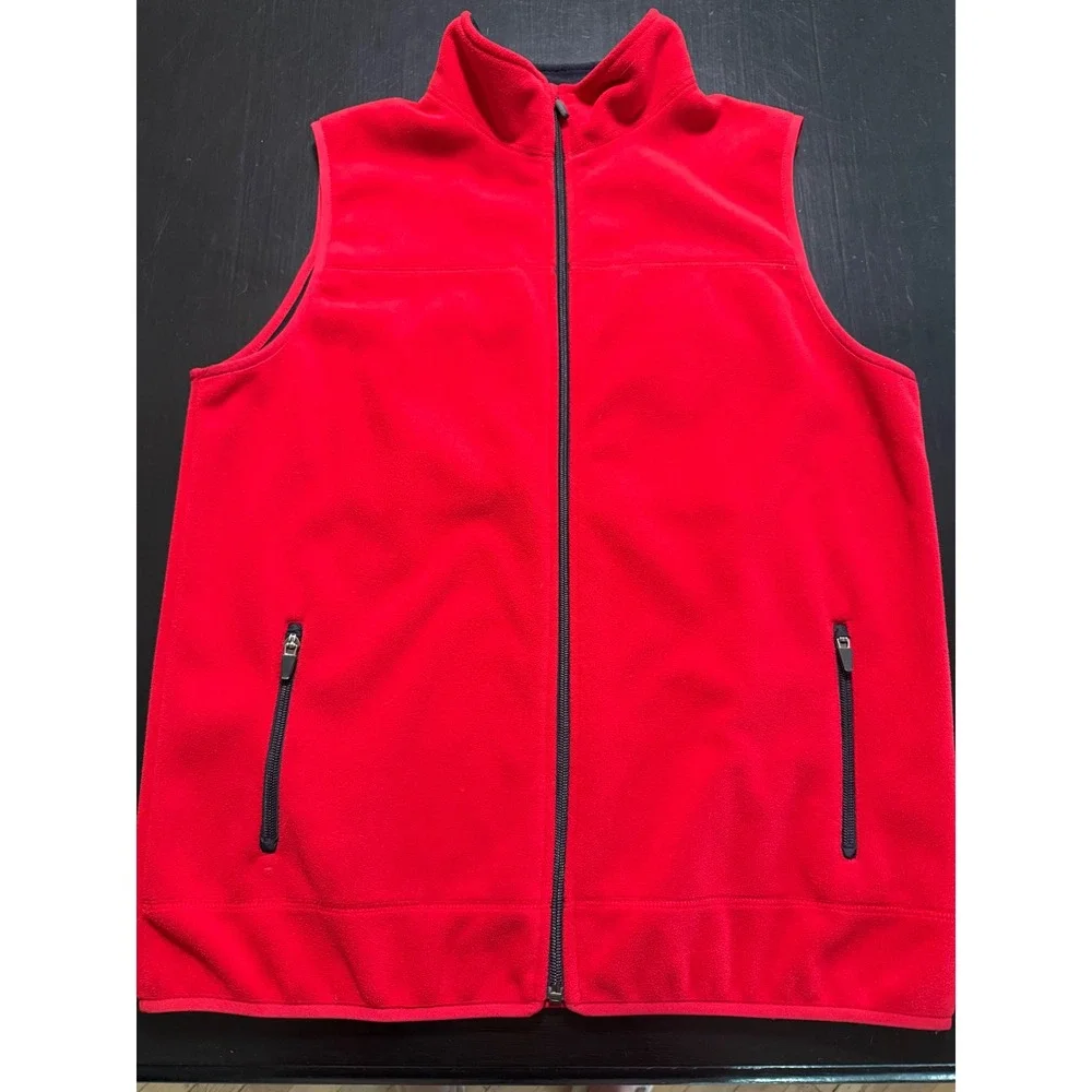 Lands End Mens Fleece Vest Red Full Zip Sleeveless Jacket Pockets Large